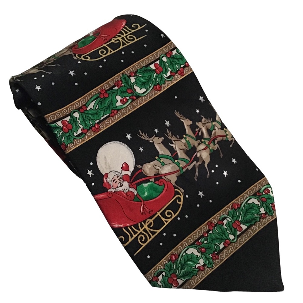 Holidays Santa Tie Christmas Tied Sleigh Reindeer Stars Night Silk